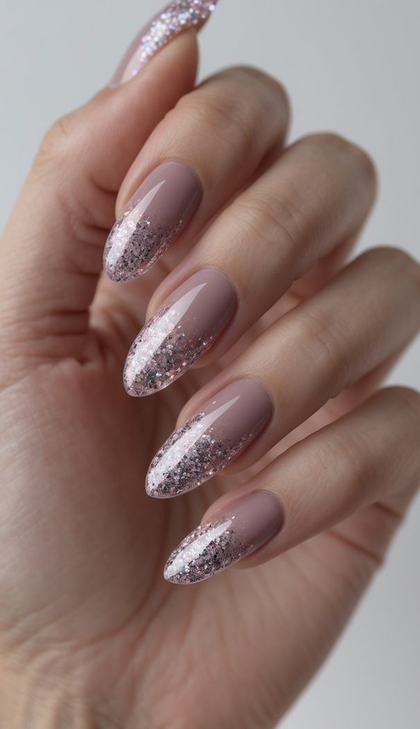Fingers curled gently inward, featuring dusty rose nails where fine glitter fades from translucent pink to a bold sparkle at the pointed tips.