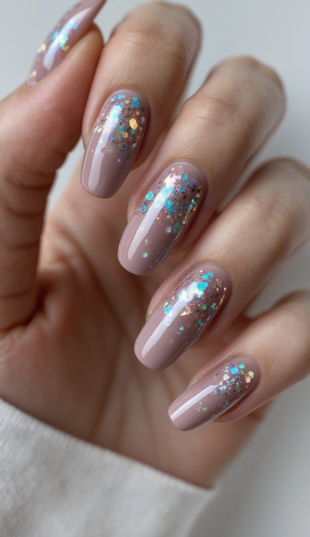 Detailed view of a dusty rose nail art idea where each nail is coated in creamy mauve and topped with scattered holographic glitter, evoking a soft, galaxy-inspired look.