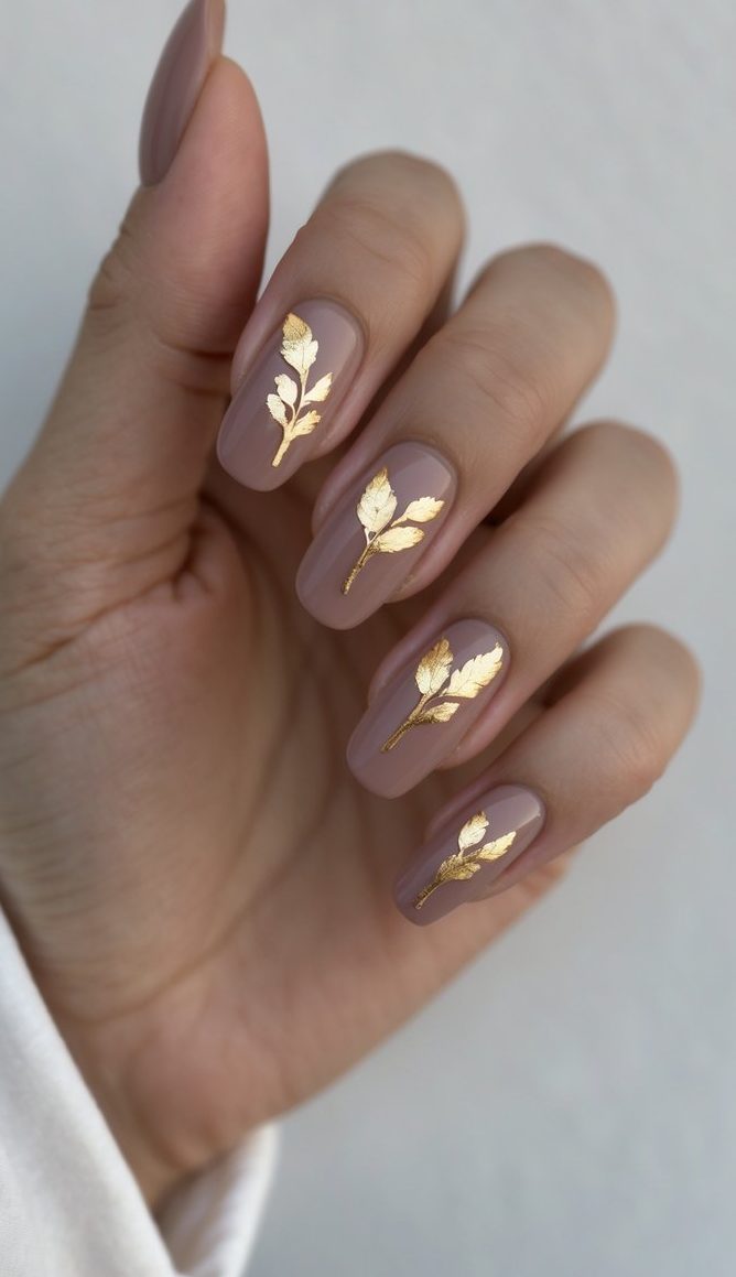 Close-up of a dusty rose nail art idea where glossy pinkish-mauve nails are detailed with minimal yet intricate gold leaf designs that flow vertically across each nail.