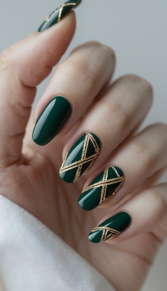 Close-up of manicured hand featuring dark forest green nails adorned with gold ribbon-like crisscross stripes, showing a luxurious green and gold nail art idea with a festive, high-fashion edge.