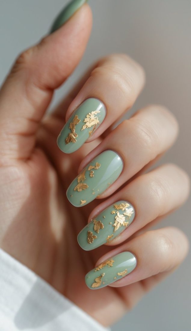 A hand with glossy olive green nails, each topped with irregularly placed gold leaf details, displays a delicate green and gold nail art idea that balances minimalism with organic texture.