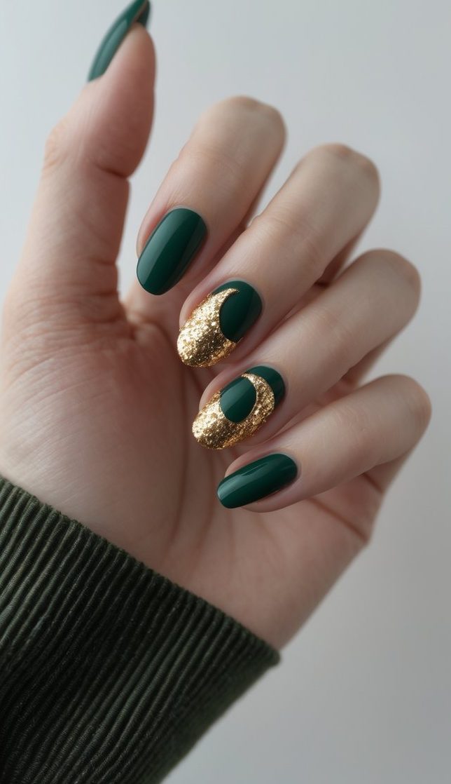 A close-up of manicured fingers featuring dark emerald nails with sculpted gold glitter crescent accents on two nails, presenting a luxe green and gold nail art idea with a celestial twist.