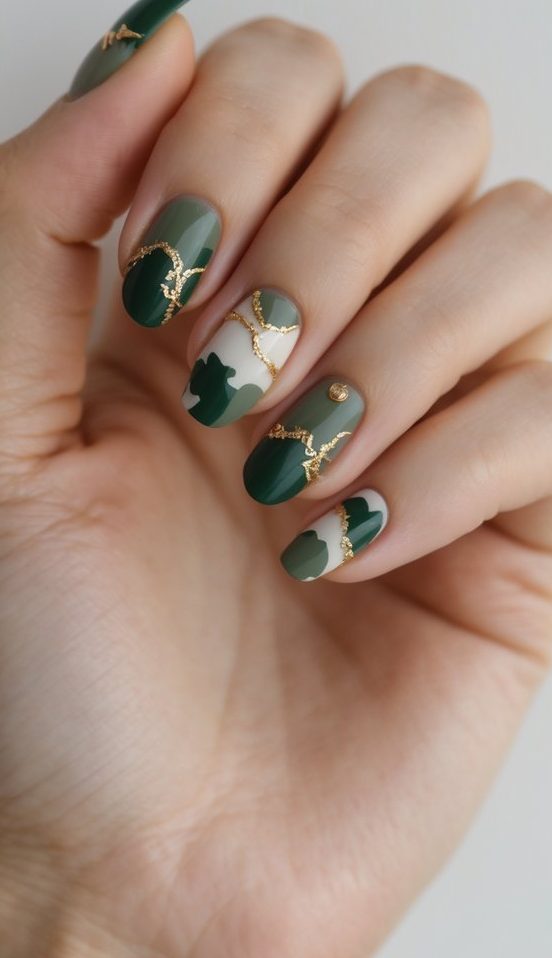 Close-up of softly curled hand featuring multitone green abstract patterns with curved gold foil lines, evoking a natural and serene green and gold nail art idea with layered elegance.