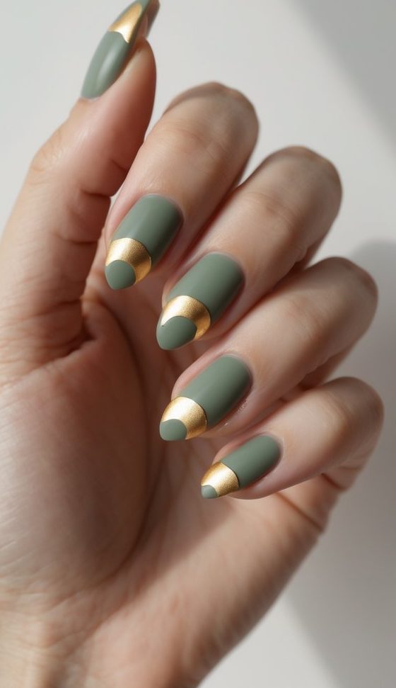 Hand featuring matte sage green almond nails, each tipped or mooned with smooth gold arcs, showcasing a minimalist green and gold nail art idea that balances softness with structure.