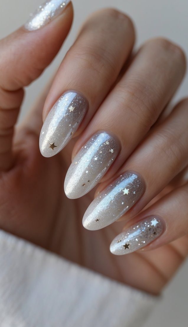 A hand with tapered nails styled in a sparkly silver ombré, enhanced with golden stars and cosmic-inspired shimmer accents.