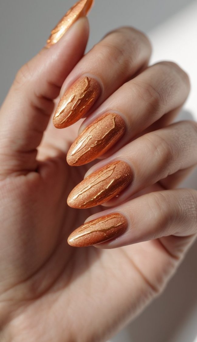 Close-up of fingers styled in shimmery nail art idea, with gleaming gold textures melting over metallic orange polish, evoking fiery lava flow.