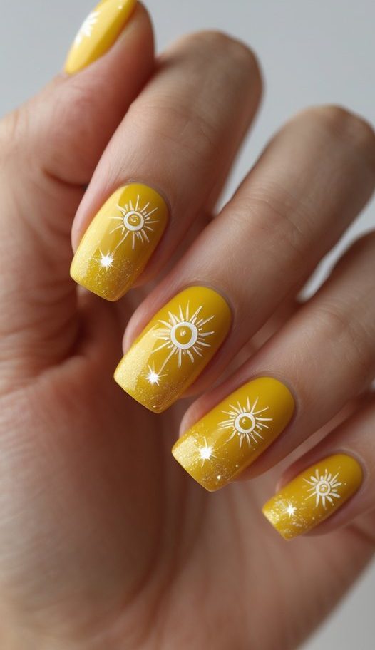 Bright yellow nails with soft glittered ends and white celestial graphics on each nail, showing a vibrant shimmery nail art idea on a raised hand.