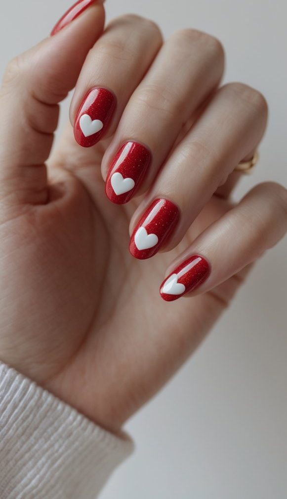 A close-up of a hand with glossy red nails, each accented with a white heart and subtle shimmer, highlighting a delicate shimmery nail art idea.