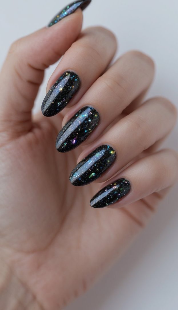 A close-up of fingers with glossy black nails and twinkling glitter, showcasing a space-like shimmery nail art idea.