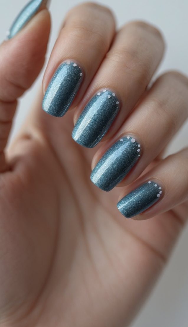 Shimmery nail art idea with teal chrome polish and minimalist white dots near the cuticle for a soft, refined finish.