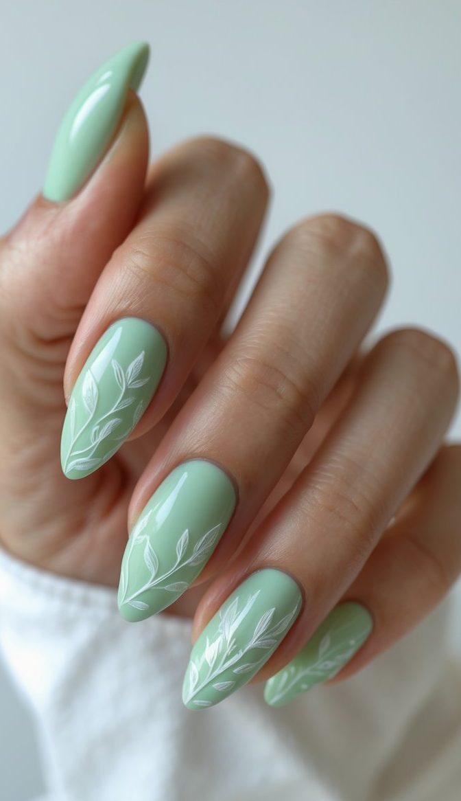 Close-up of a hand with glossy sage green nails featuring white leafy line drawings—an earthy glossy nail art idea with a calm, botanical feel.