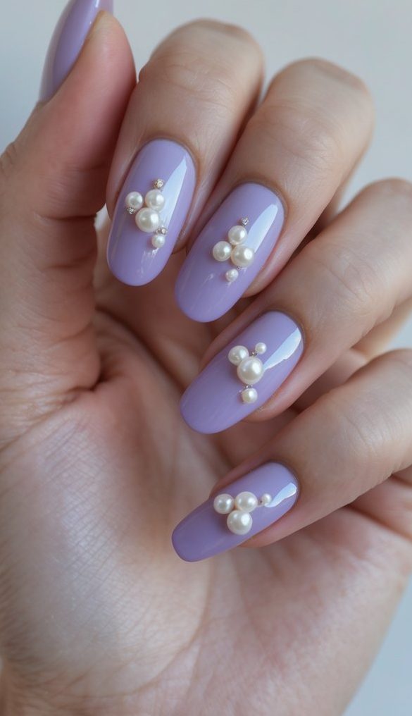 Close-up of glossy lavender nails adorned with small pearl clusters, showcasing an elegant lavender pearl nail art idea with a touch of classic charm.