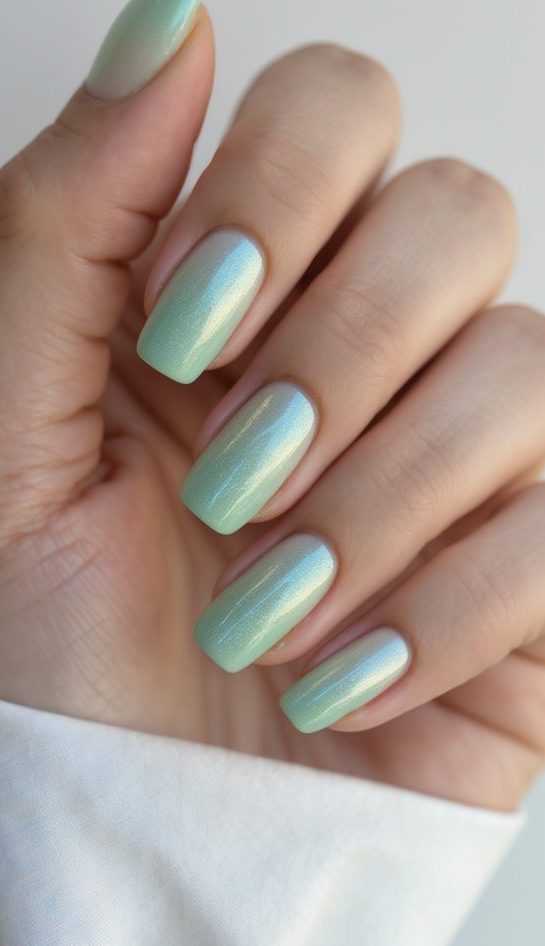 Glossy nail art idea in soft mint and sky blue gradient with a pearlescent finish, capturing a calm, aquatic vibe on medium-length nails.