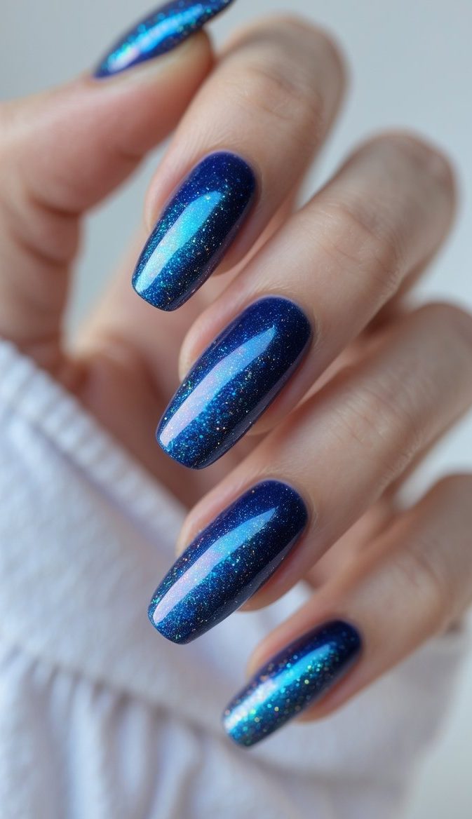Close-up of a hand with long, oval-shaped nails painted in a dark midnight blue polish topped with turquoise and lavender-reflective holo glitter, showing a holo nail art idea