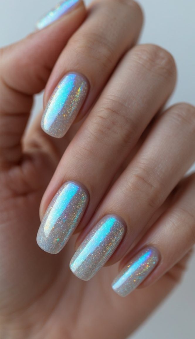 Fingers featuring long sheer white nails with glowing blue-to-pink holographic shimmer and fine glitter, capturing a soft holo nail art idea.