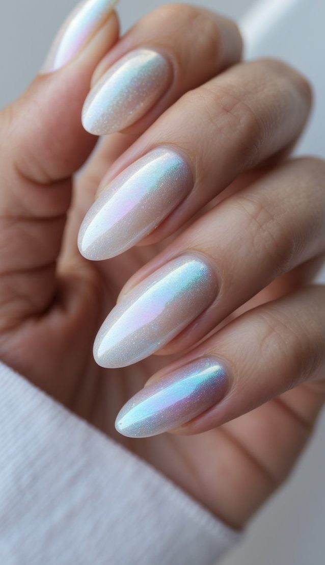 Sheer white nails on a hand catching light with a soft, glowing rainbow holo shine—a dreamy, light-catching holo nail art idea.
