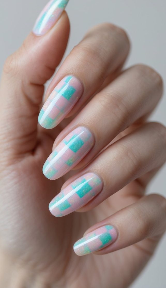 Close-up of nails in a holographic plaid design with mint and blush pink squares—an eye-catching and unique holo nail art idea.