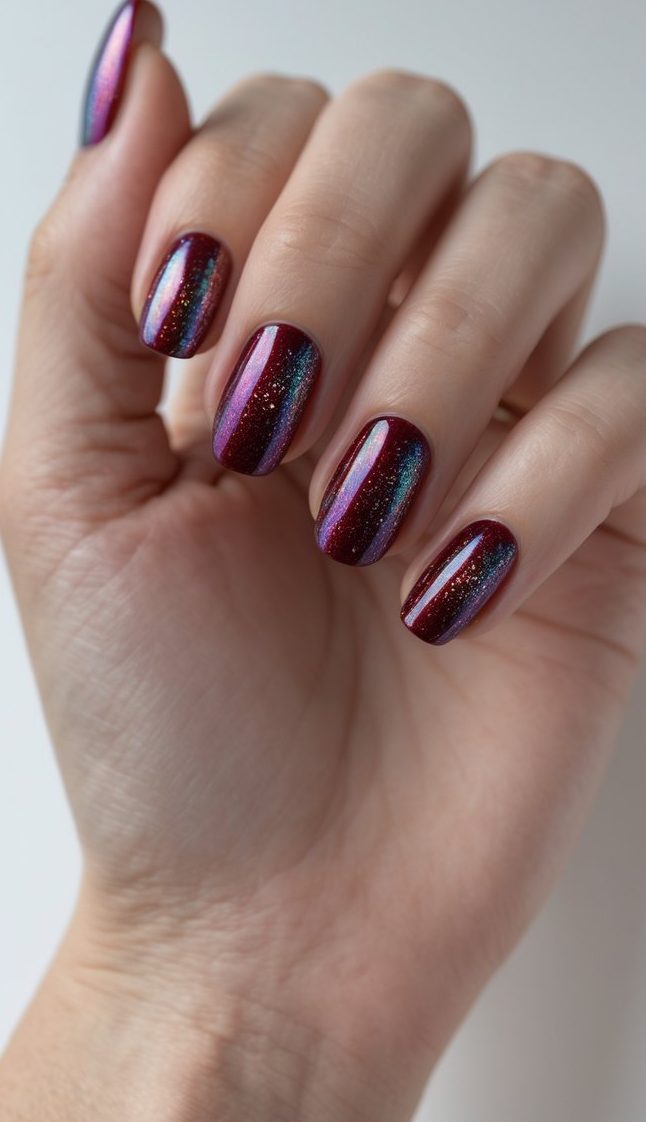 Hand showing nails coated in a holo nail art idea with a plum base and fine teal-rose shimmer, finished in a smooth, glassy shine.