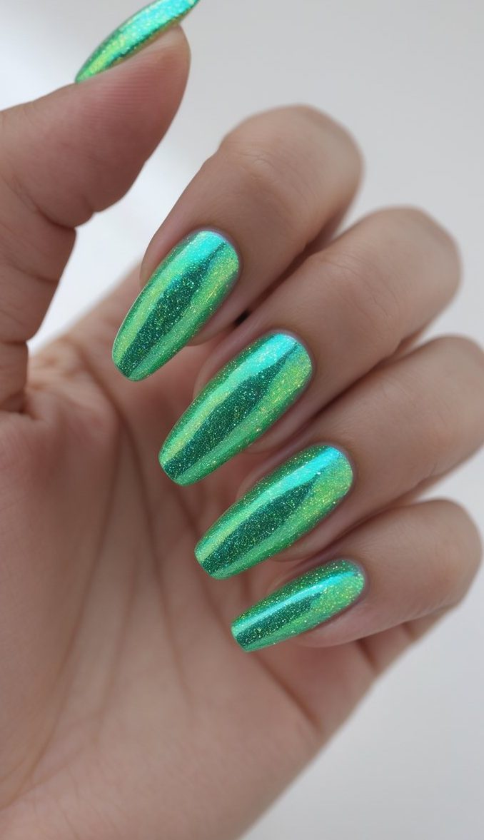 Fingers featuring a bold green holo nail art idea with a gemstone-inspired shimmer, glowing with a glossy, multidimensional finish.