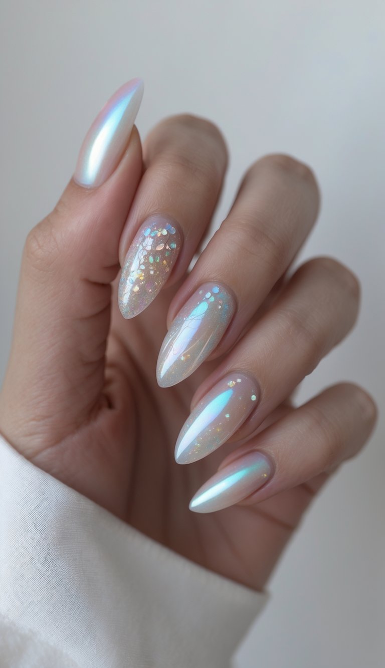 Female hand with pearlescent nail art idea, featuring long almond nails in pearl chrome polish with chunky reflective glitter and shimmer effects.