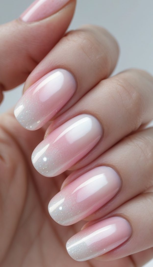 Close-up of a pearlescent nail art idea on medium-length nails with a pink-to-white gradient and a soft layer of micro glitter.