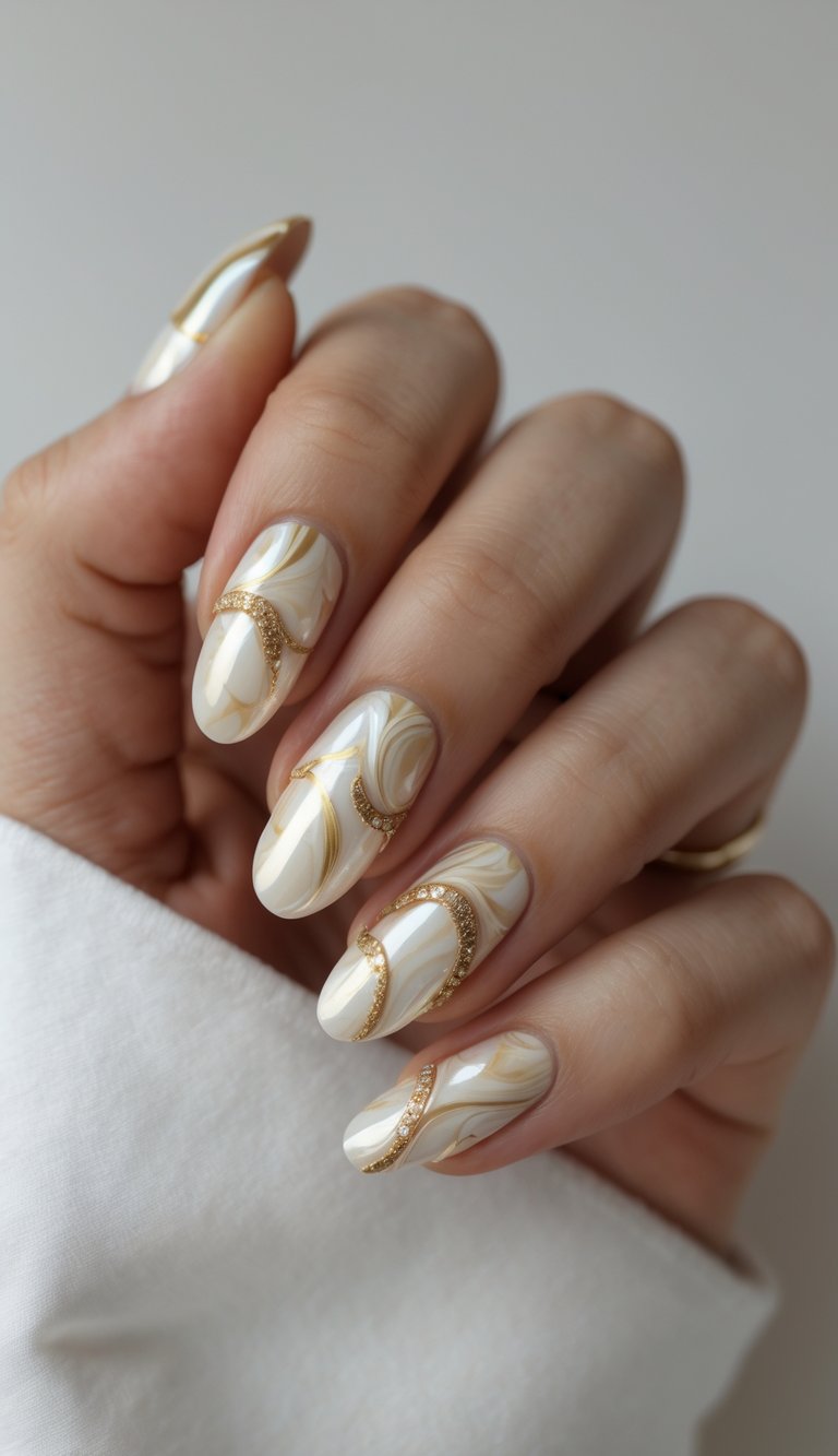 Close-up of pearlescent nail art idea with marbled cream and beige tones, accentuated by shimmering gold curves on oval-shaped nails.