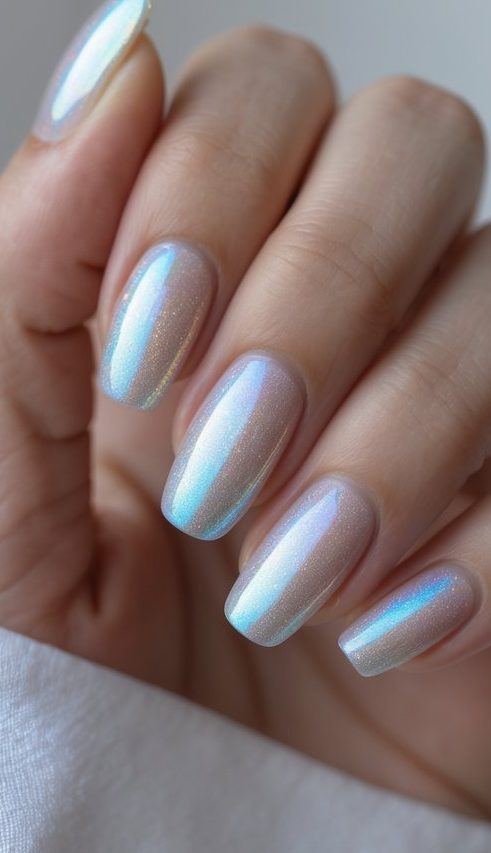A pearlescent nail art idea with a cool-toned base and reflective shimmer in hues of blue and lavender on a hand with neatly shaped nails.