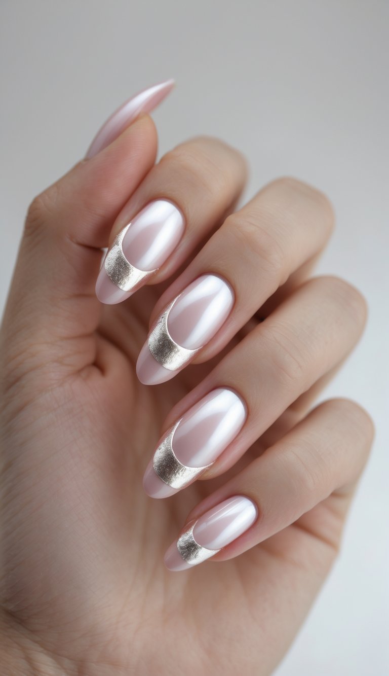Pearlescent nail art idea featuring light pink nails with sleek silver half-moon accents, held against a soft light background for a modern aesthetic.