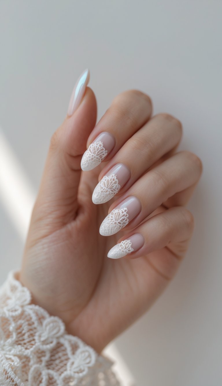 Pearlescent nail art idea displayed on hand with almond nails in nude tones and detailed white lace accents, styled in bridal aesthetic.