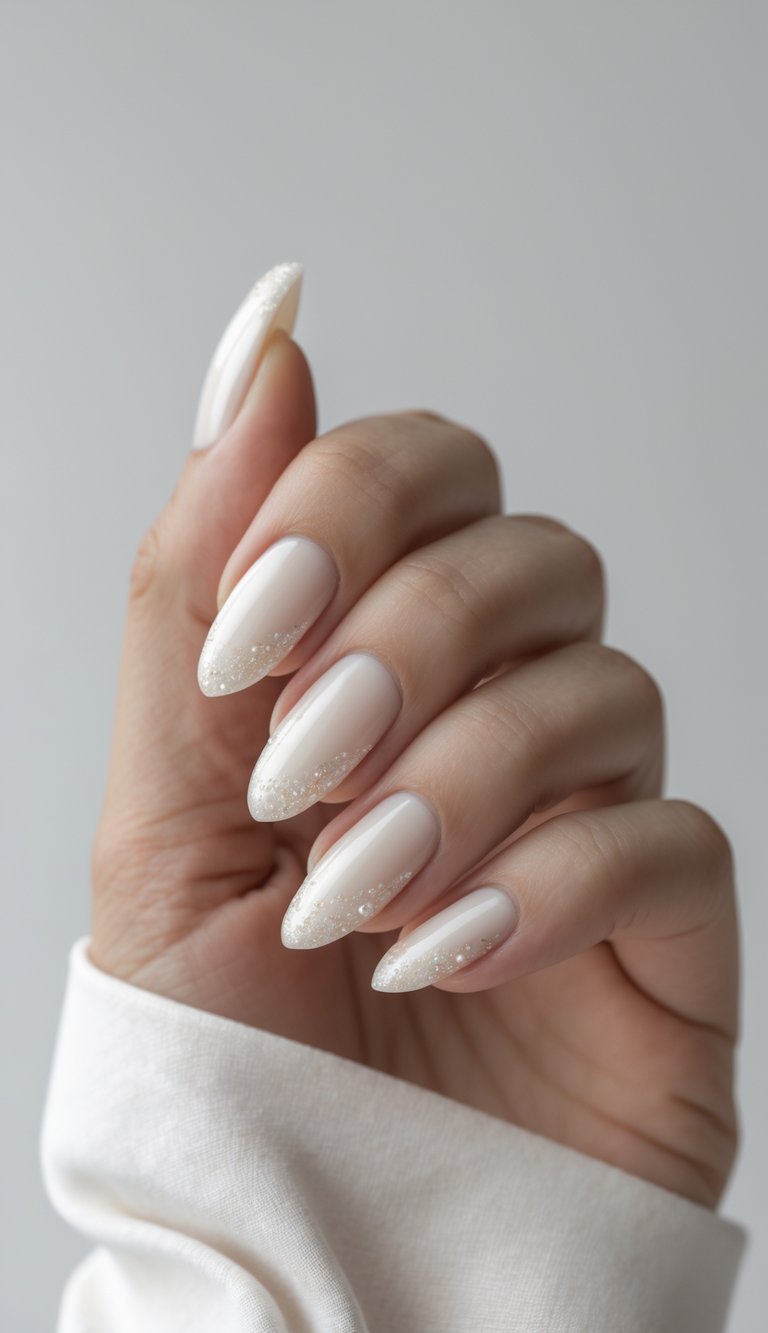 Pearlescent nail art idea showing soft pearl-toned nails with gentle shimmer dusted on the pointed tips, worn by a hand in light fabric.