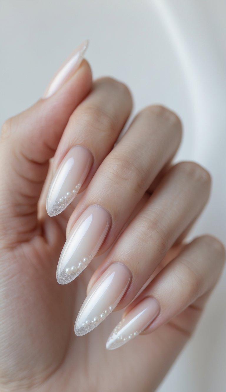 Close-up of a hand showcasing a pearlescent nail art idea with sheer nude polish, icy white ombré tips, and pearl bead accents.