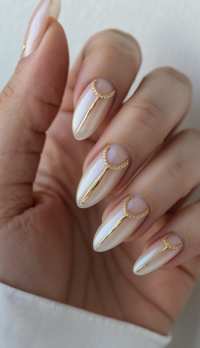 Hand showcasing a pearlescent nail art idea with a luminous ivory base and gold crescent-shaped metallic accents near the cuticles.