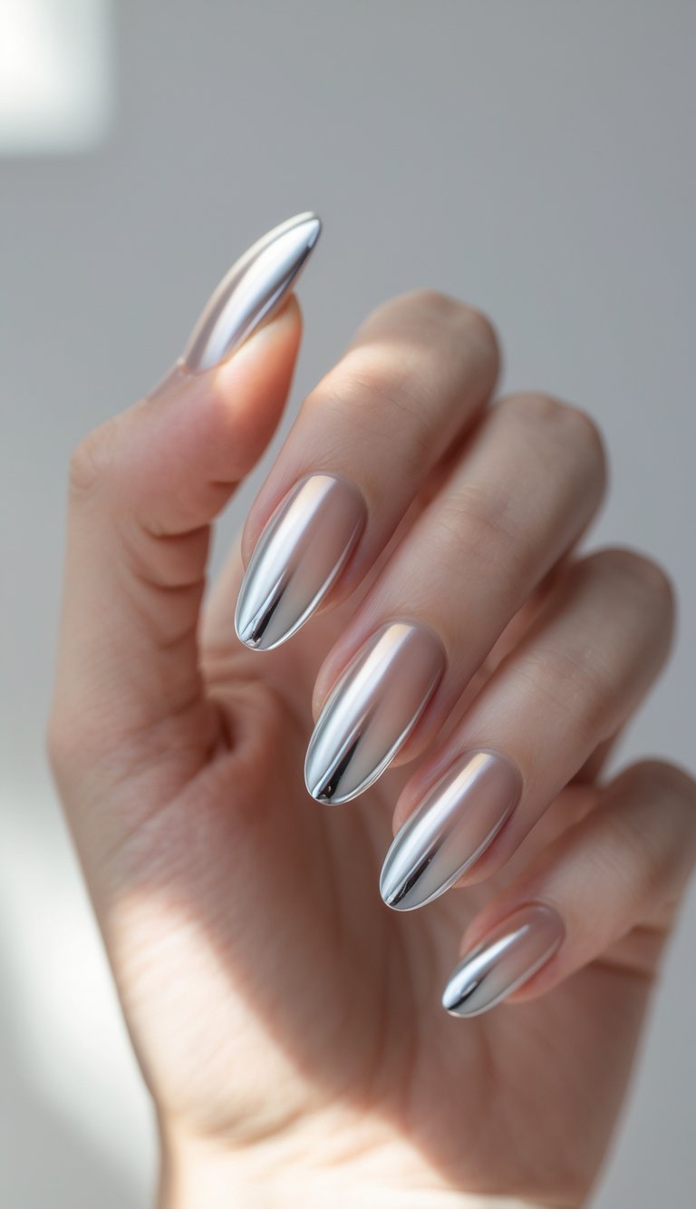 Close-up of fingers showing ombre French nail art idea, where neutral-toned nails seamlessly blend into shiny silver chrome tips under natural light.
