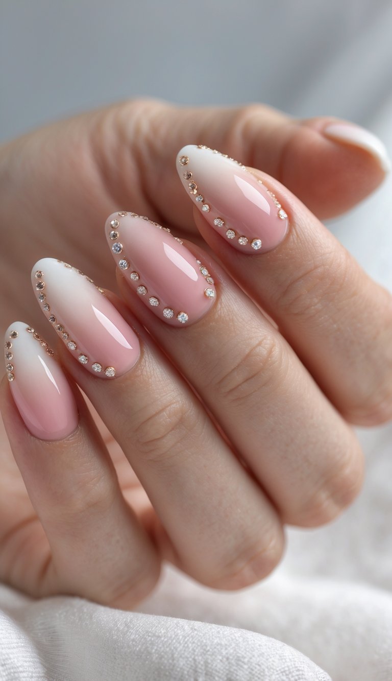 Well-manicured hand featuring ombre French nail art idea with a rose-to-white fade and elegant rhinestone outlines giving a glamorous, high-shine effect.