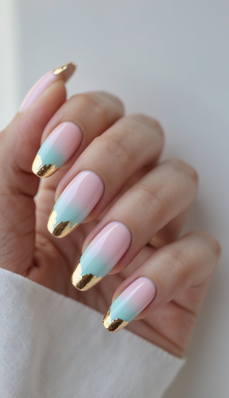 Close-up of a woman's hand featuring ombre French nail art idea blending baby pink and light turquoise with gold leaf at the tips.