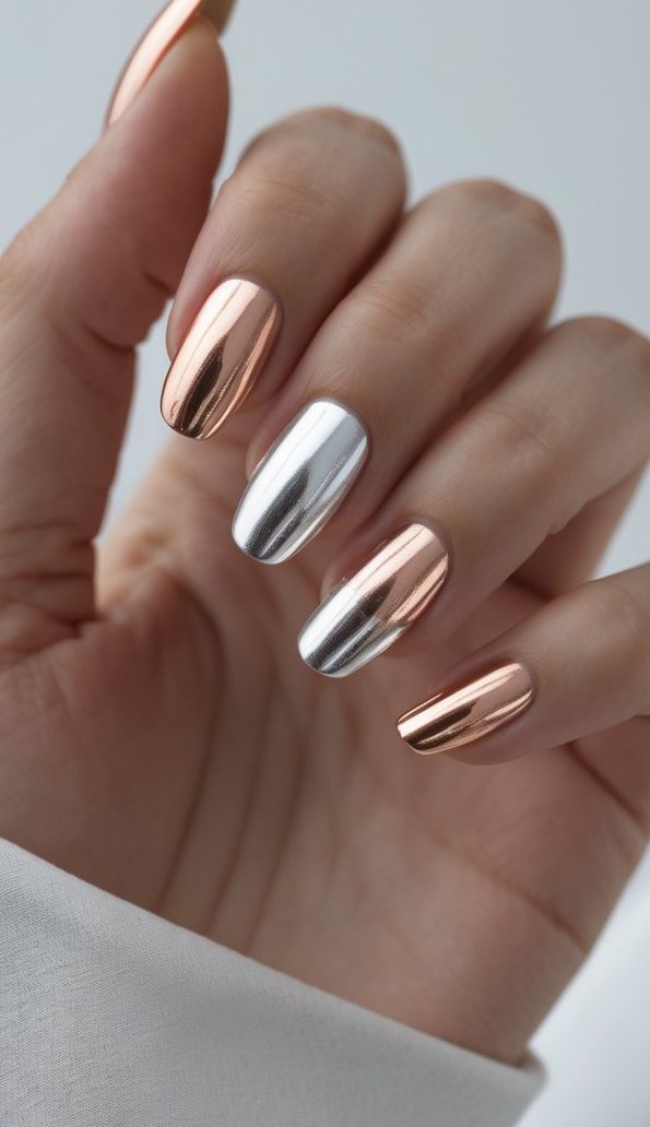 A hand with alternating rose gold and silver chrome nails in a high-gloss foil nail art idea, reflecting light with a mirror-like metallic shine.