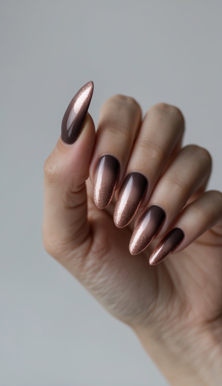 Close-up of a hand with almond-shaped nails featuring a glossy ombre French nail art idea in brown fading into copper shimmer.