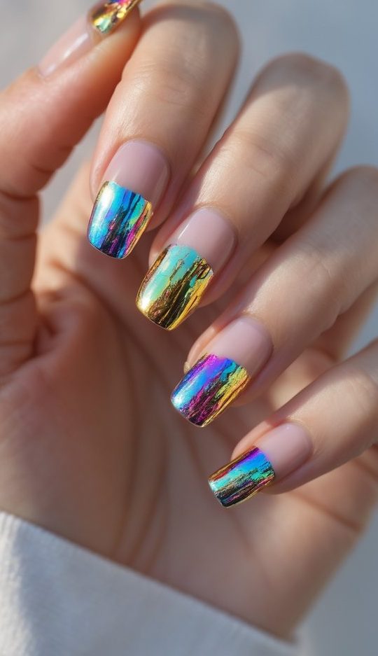 Fingers with square-shaped nails in a foil nail art idea using rainbow foil and clear nude base, shimmering under the light like frozen party streamers.