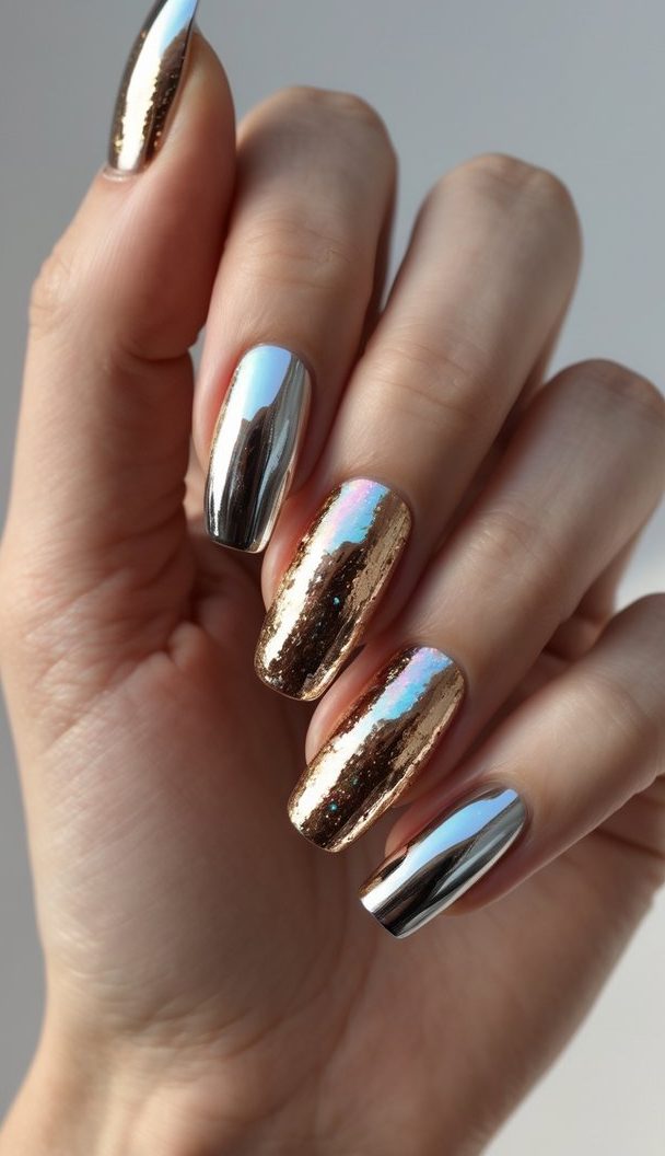 Fingertips with foil nail art idea showing high-shine rose gold foil and smooth silver chrome polish on alternating square nails.