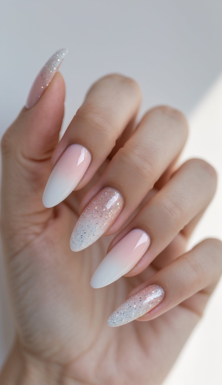 A close-up of a hand with almond-shaped nails featuring a dreamy ombre French nail art idea, with pink fading to white and glitter overlay accents.