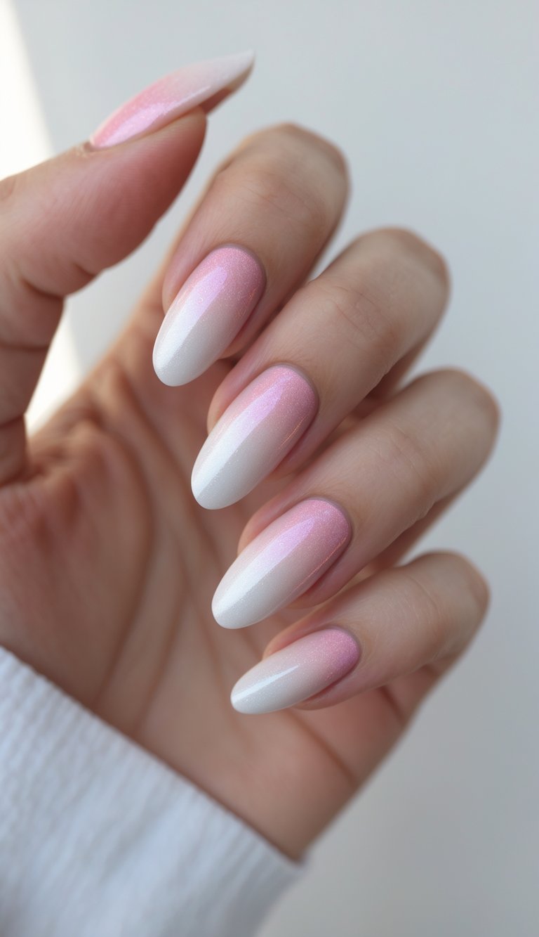 Almond nails displayed in soft pink-to-white ombre French nail art with a pearly shimmer, captured in natural daylight for a light and airy effect.