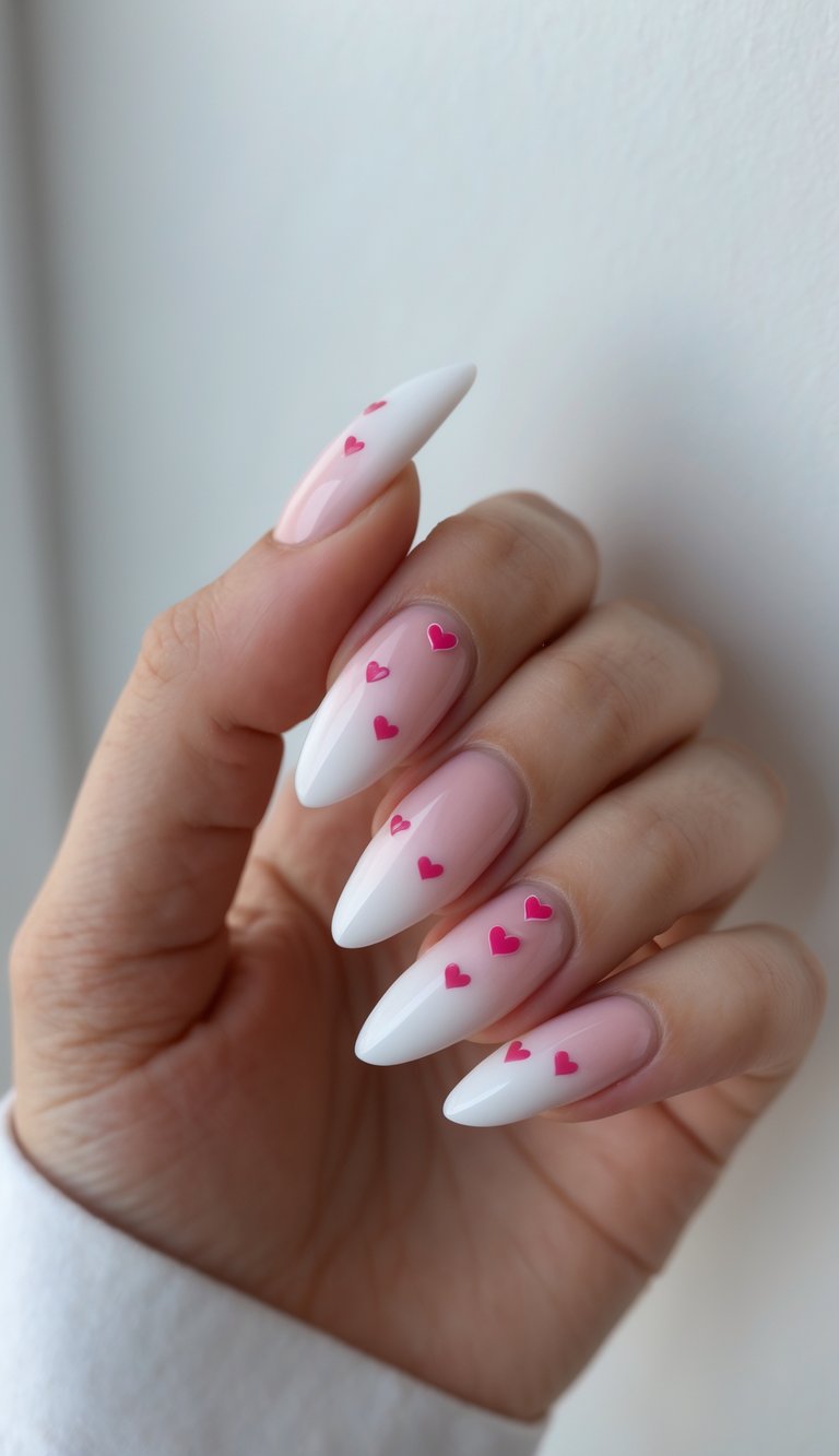 A feminine hand with almond-shaped nails in a white-to-pink ombre French nail art design, topped with scattered pink heart stickers for a fun romantic look.