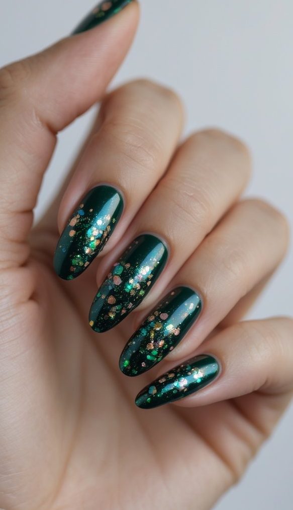 Close-up of a hand with shiny green nails adorned with gold and copper foil, creating a dreamy foil nail art idea inspired by a forest night.