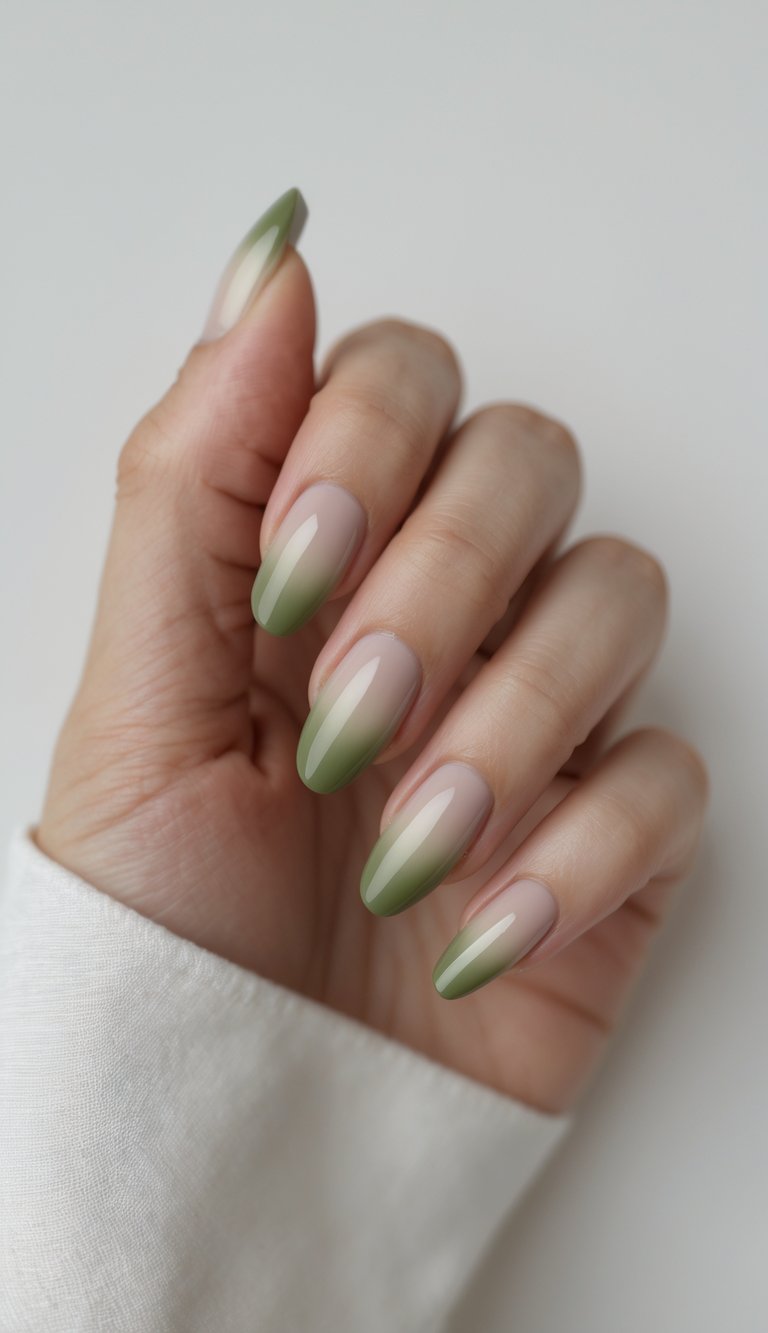 Almond nails on a hand painted with an ombre French nail art idea, fading from natural nude shades to rich forest green polish at the tips.