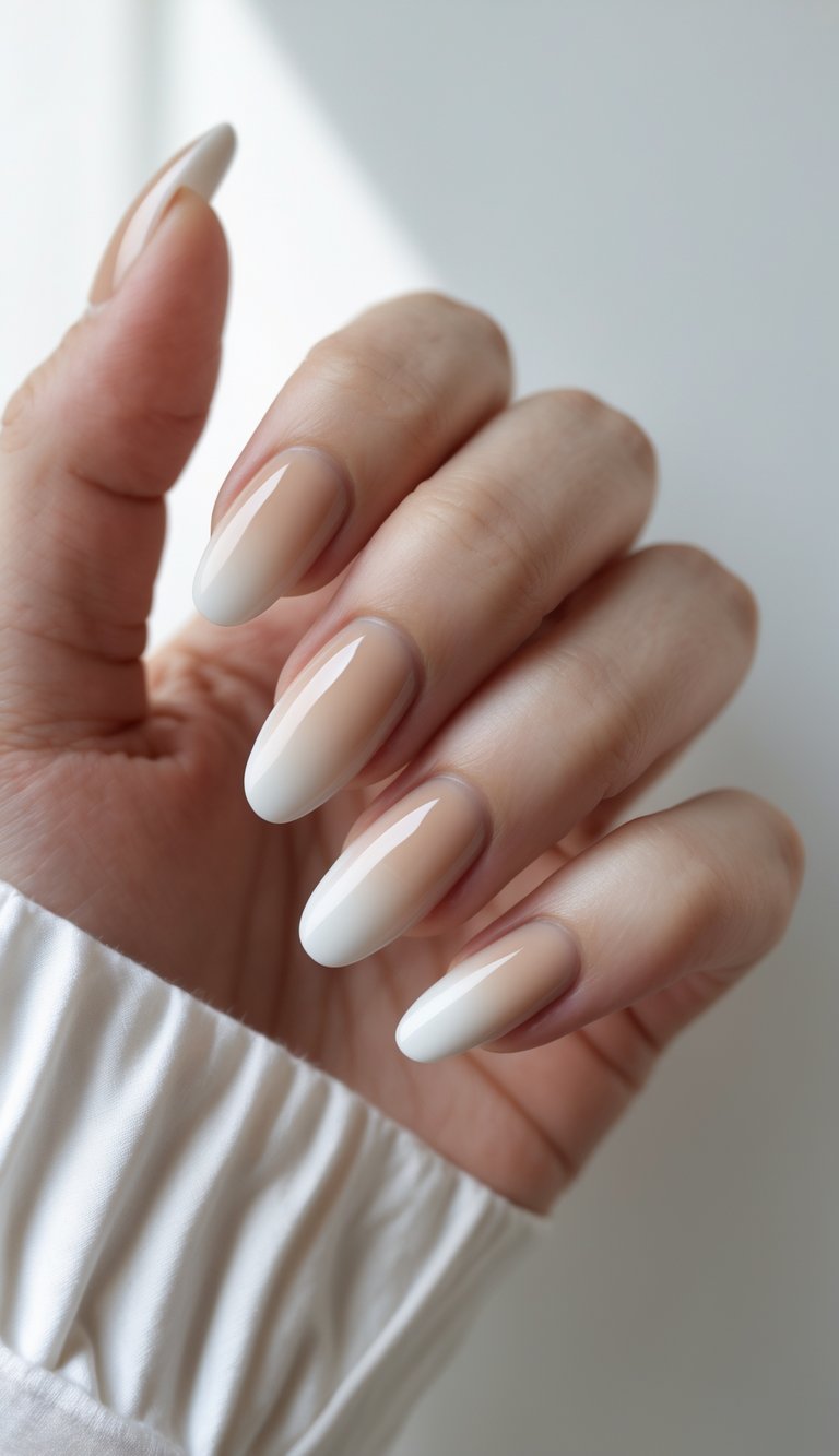 A hand with almond-shaped nails featuring an ombre French nail art idea fading from warm beige at the base to soft white at the tips.