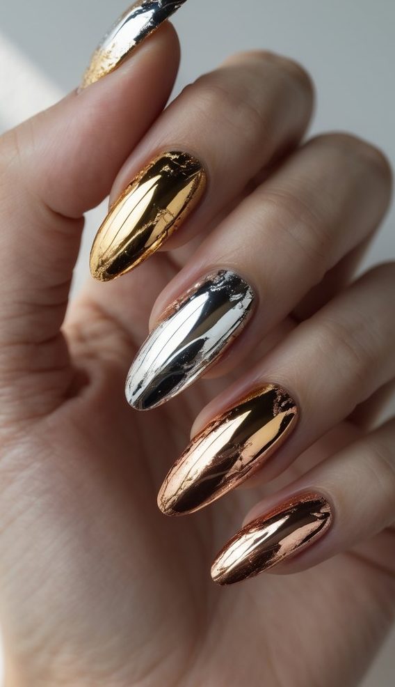Close-up of a hand wearing foil nail art idea with reflective gold, silver, and bronze metallic chrome polish on long almond nails.
