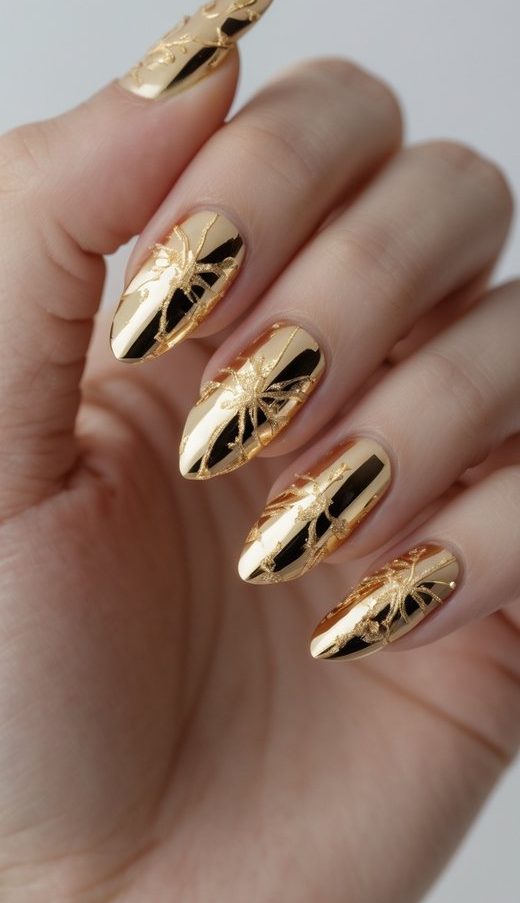 Close-up of a hand wearing foil nail art idea in radiant gold chrome, enhanced by intricate flower-embossed details on each nail.