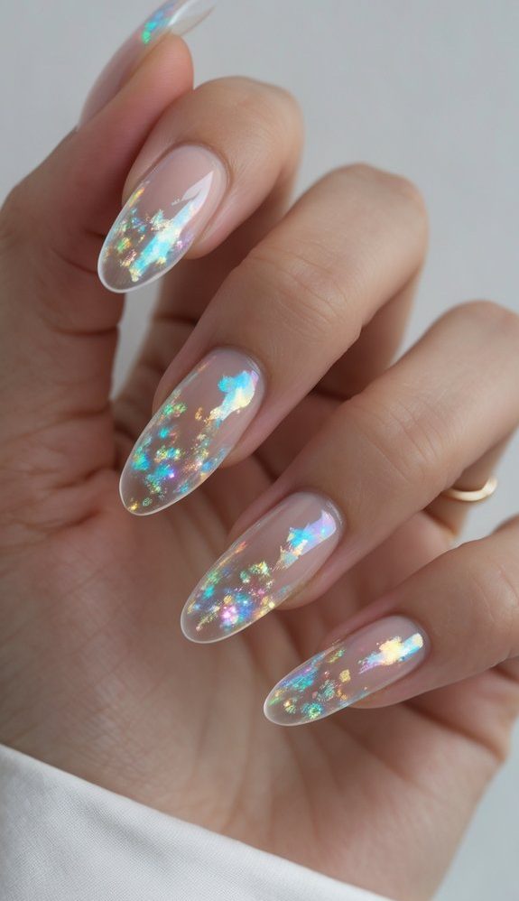 Fingers showing a foil nail art idea with soft pink sheer polish and scattered iridescent foil pieces glowing in rainbow tones.