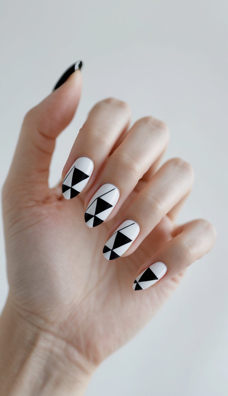 Close‑up of a hand with glossy white almond nails featuring a geometric nail art idea of sharp black triangles and linear shapes creating a bold monochrome pattern.