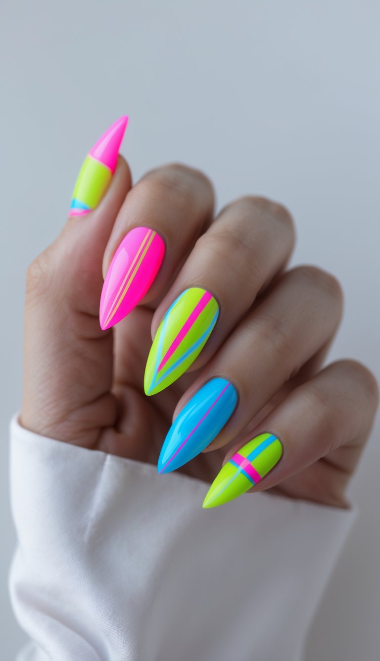Close-up of a hand with stiletto nails in a geometric nail art idea featuring bold neon pink, green, and blue with crisp striping and pointed tips.